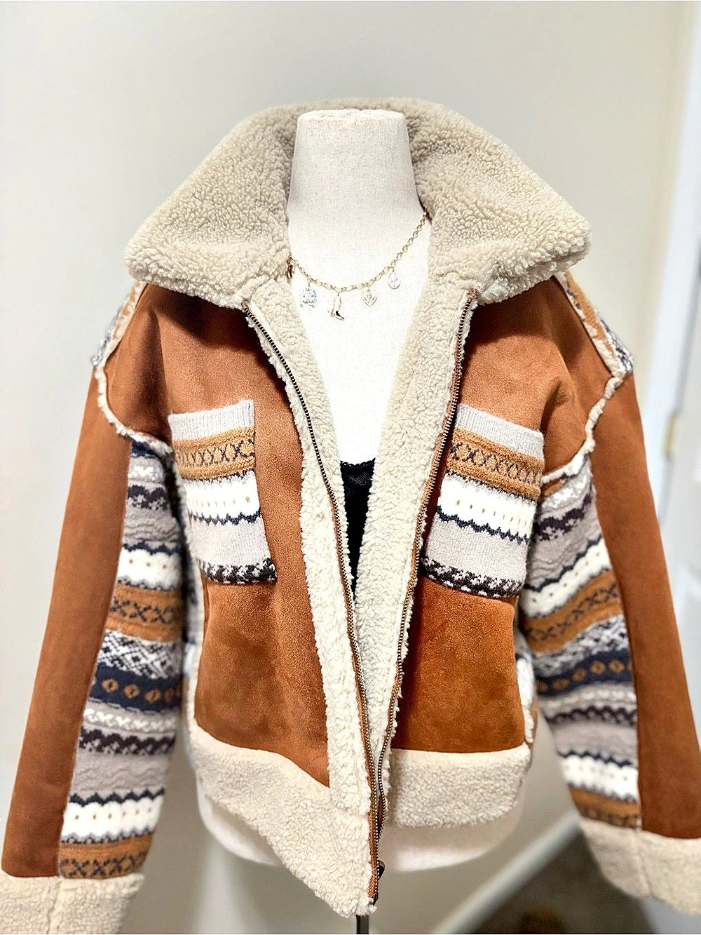 Cleo + Wolf Fleece-Lined Jacket in Brown & Cream Size XL Like New